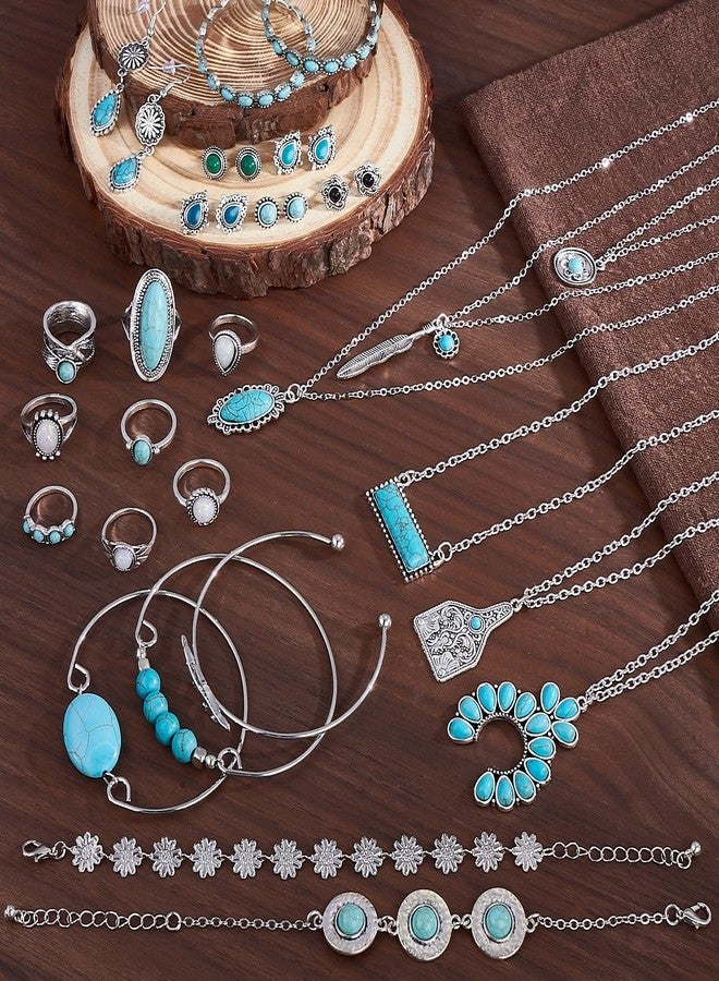 MEDOJO 26 Pcs Boho Jewelry Set for Women Bohemian Layered Western Necklace Stackable Turquoise Ring Turquoise Hoop Dangle Earrings Studs - Image 3